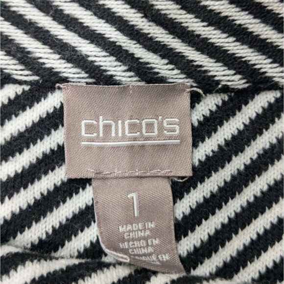 Chico's Woman Black White Striped Cardigan Wrap Sweater Fringe Shawl Neck M/8 - Picture 8 of 9